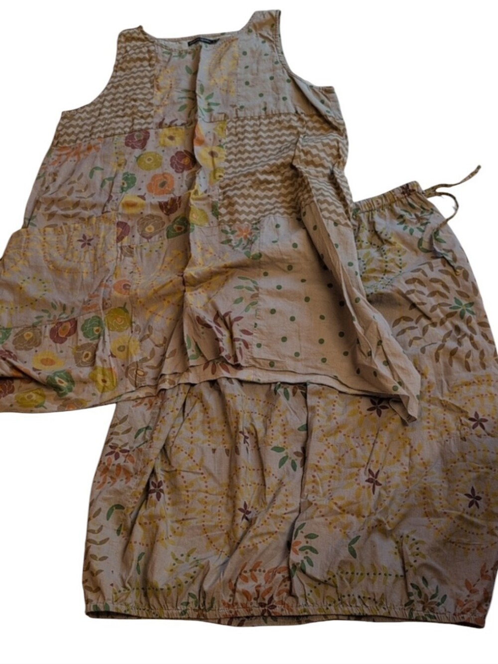 Gudrun Sjoden Skirt Set Two Piece Tunic Tan Floral Patchwork Lagenlook Cotton L